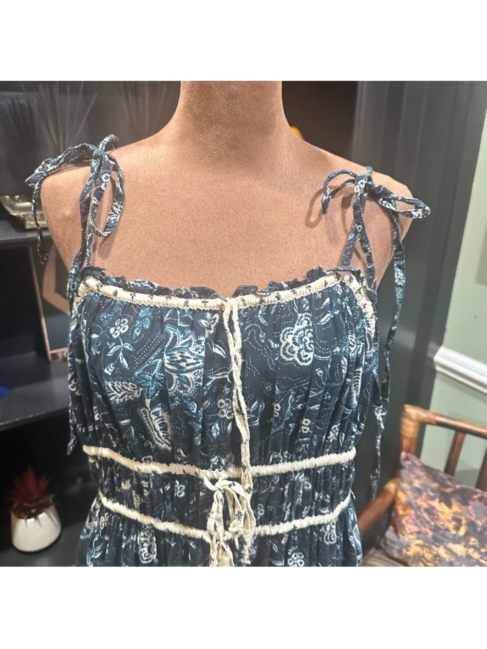 Christian Lacroix Bohemian Navy and Cream Tiered Midi Dress with Tie Details - Picture 6 of 11